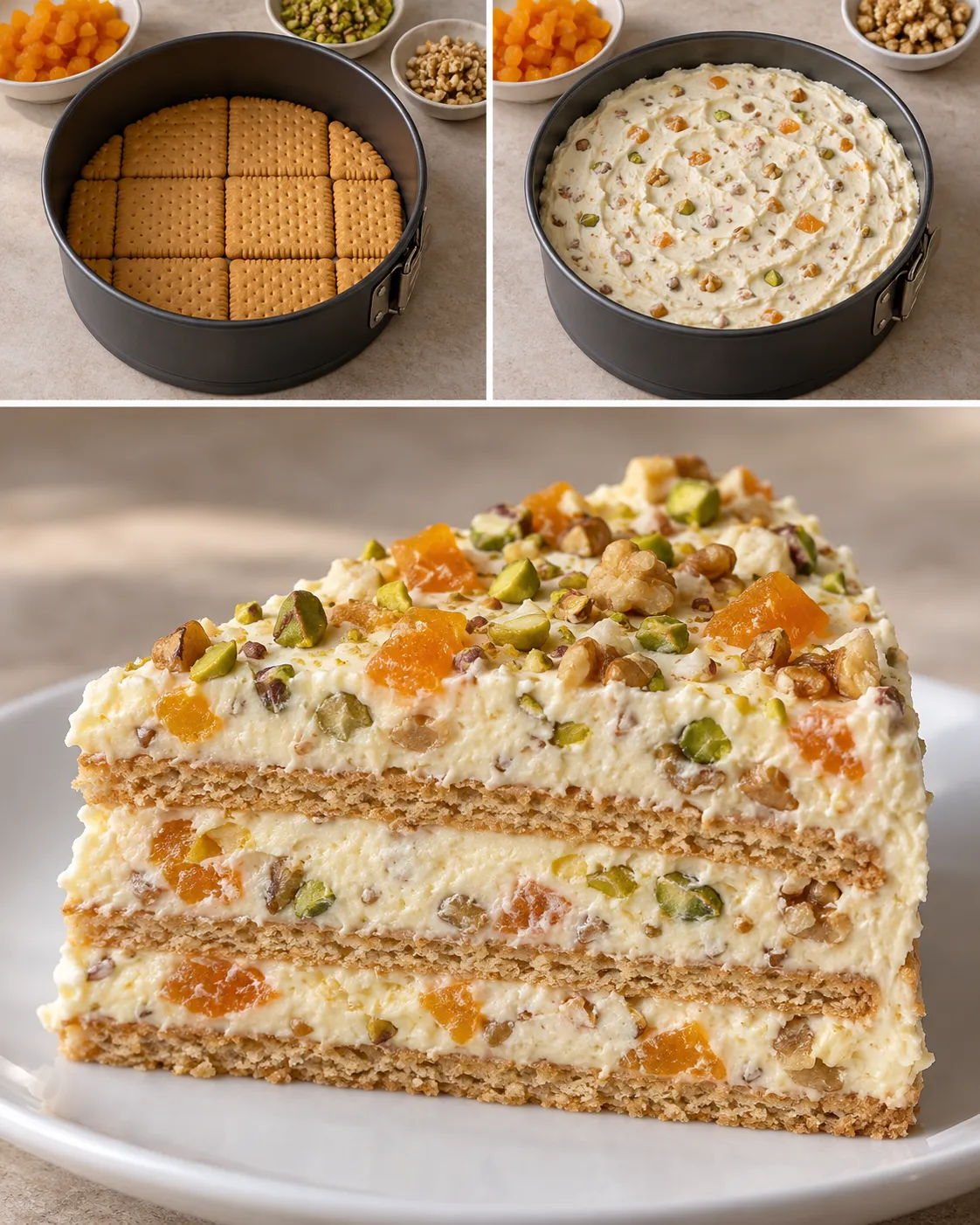 No-bake biscuit cake with apricots and pistachios — walnuts