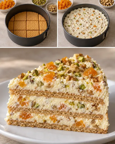 No-bake biscuit cake with apricots and pistachios — walnuts