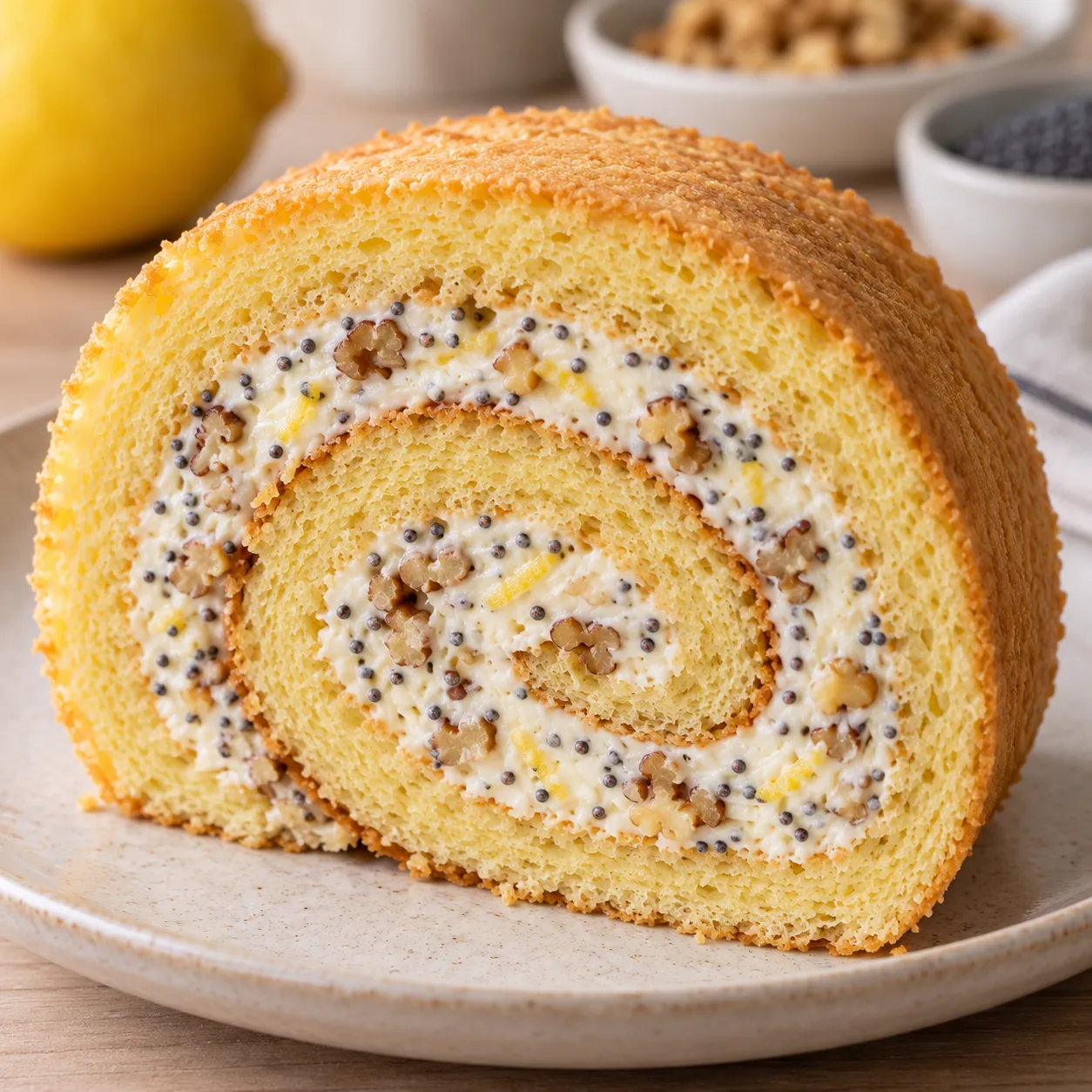 Sponge roll with lemon and poppy seeds — walnuts