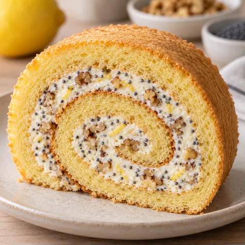 Sponge roll with lemon and poppy seeds — walnuts