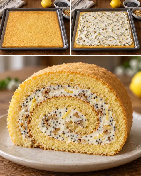 Sponge roll with lemon and poppy seeds — walnuts