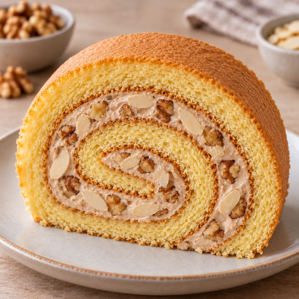 Sponge roll with coffee and walnuts — almonds