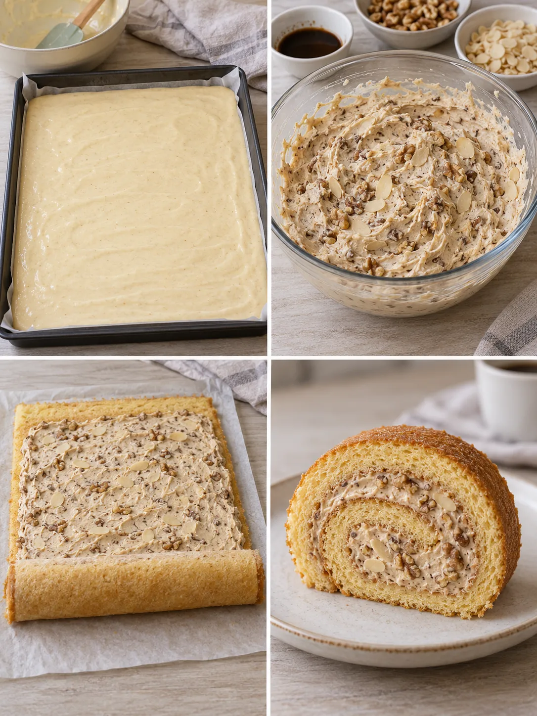 Sponge roll with coffee and walnuts — almonds