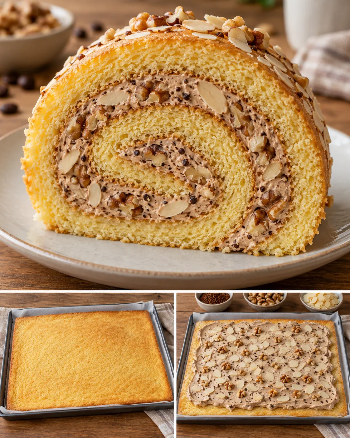 Sponge roll with coffee and walnuts — almonds