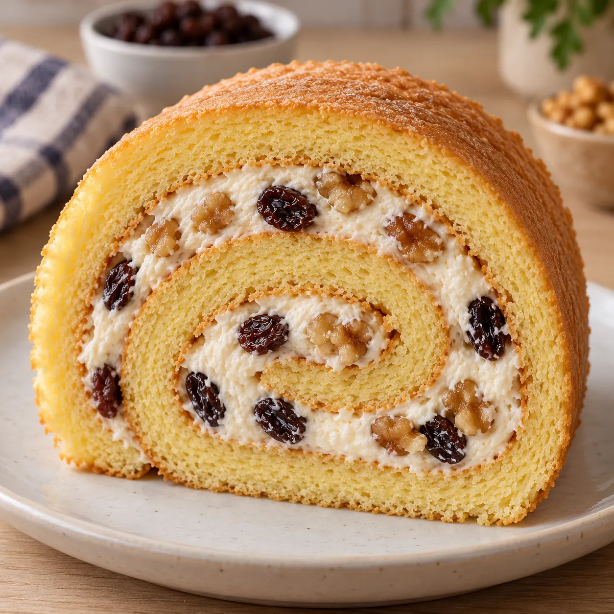 Sponge roll with vanilla and raisins — walnuts