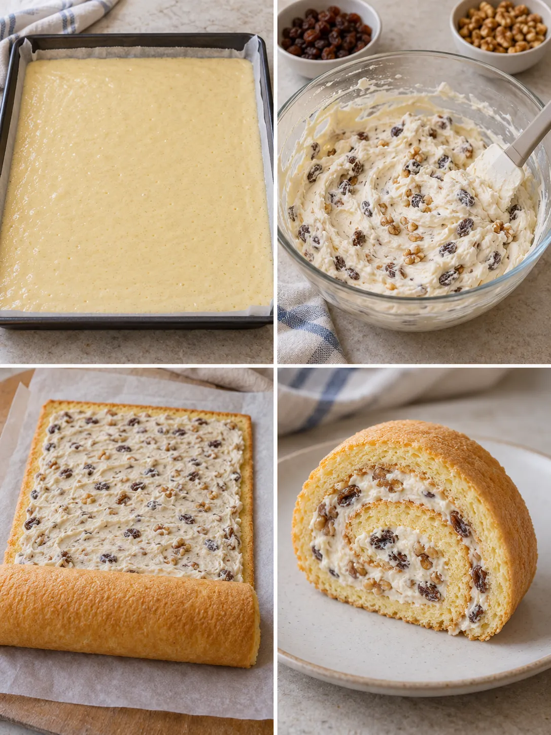 Sponge roll with vanilla and raisins — walnuts