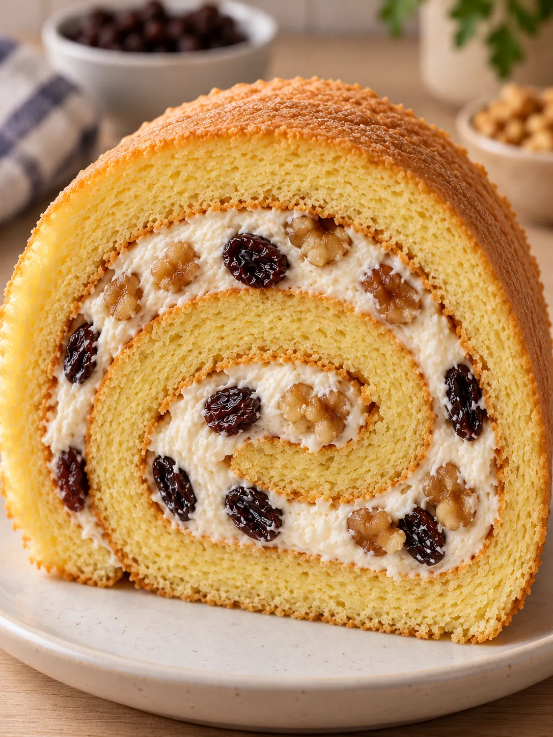 Sponge roll with vanilla and raisins — walnuts
