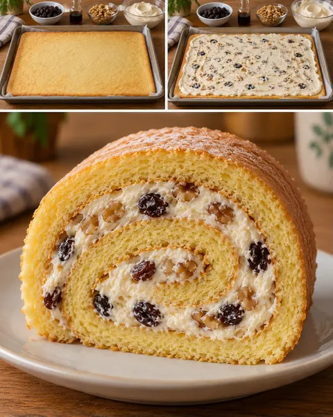 Sponge roll with vanilla and raisins — walnuts