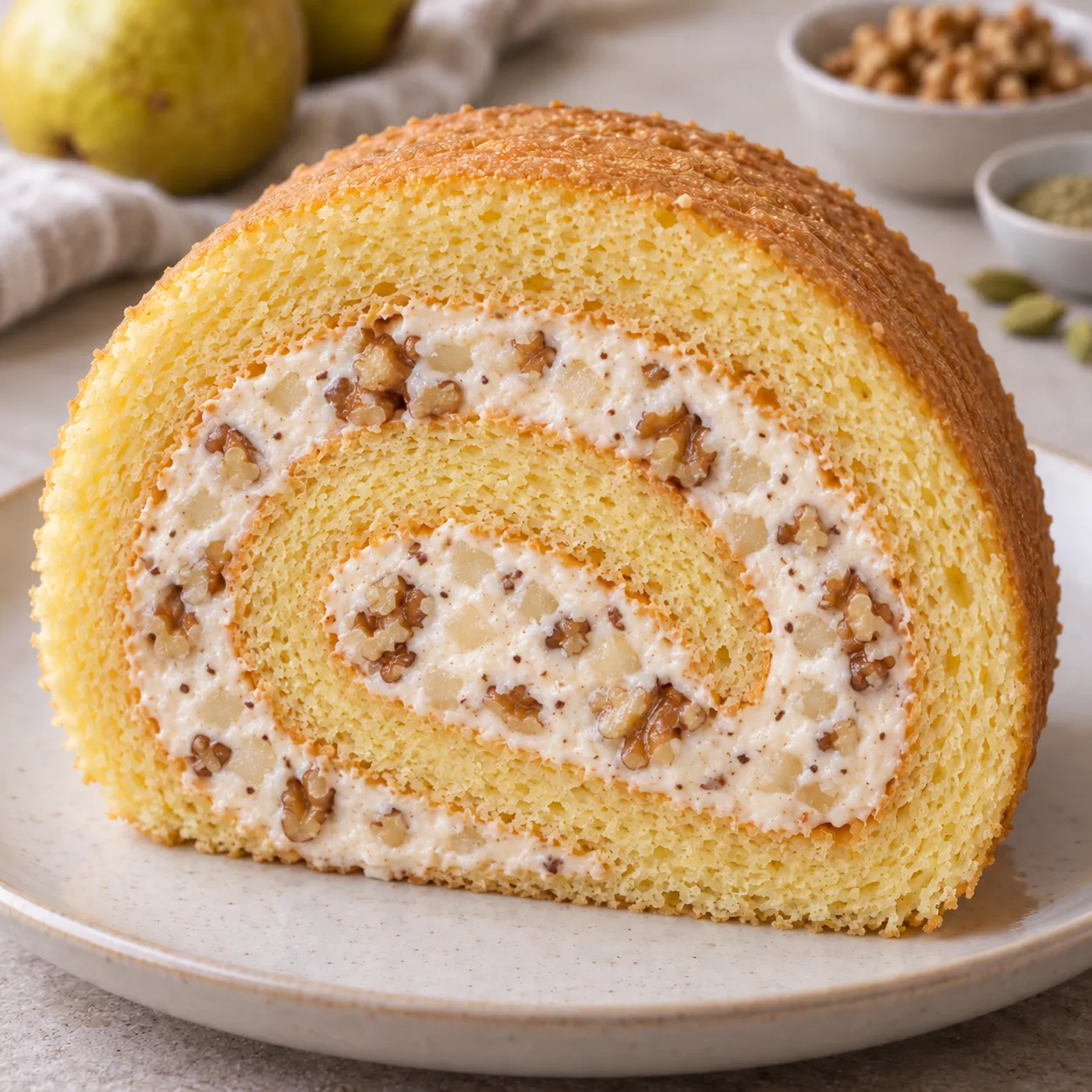 Sponge roll with cardamom and pear — walnuts
