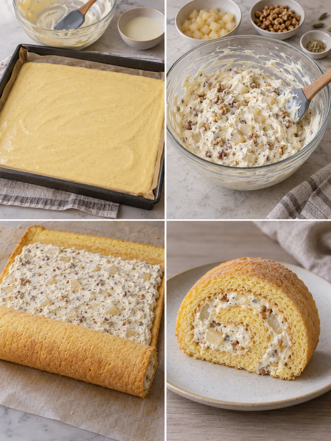 Sponge roll with cardamom and pear — walnuts