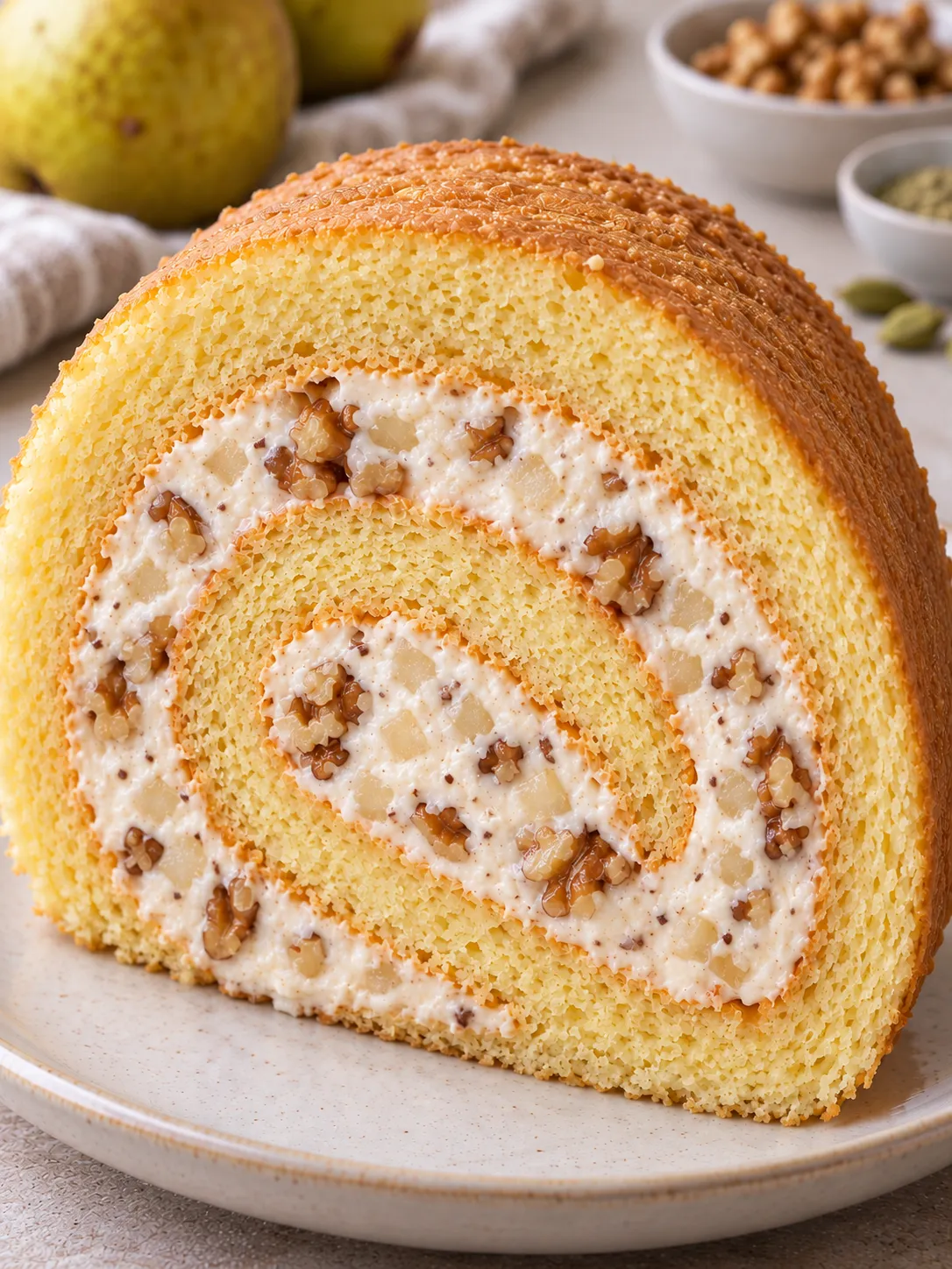 Sponge roll with cardamom and pear — walnuts