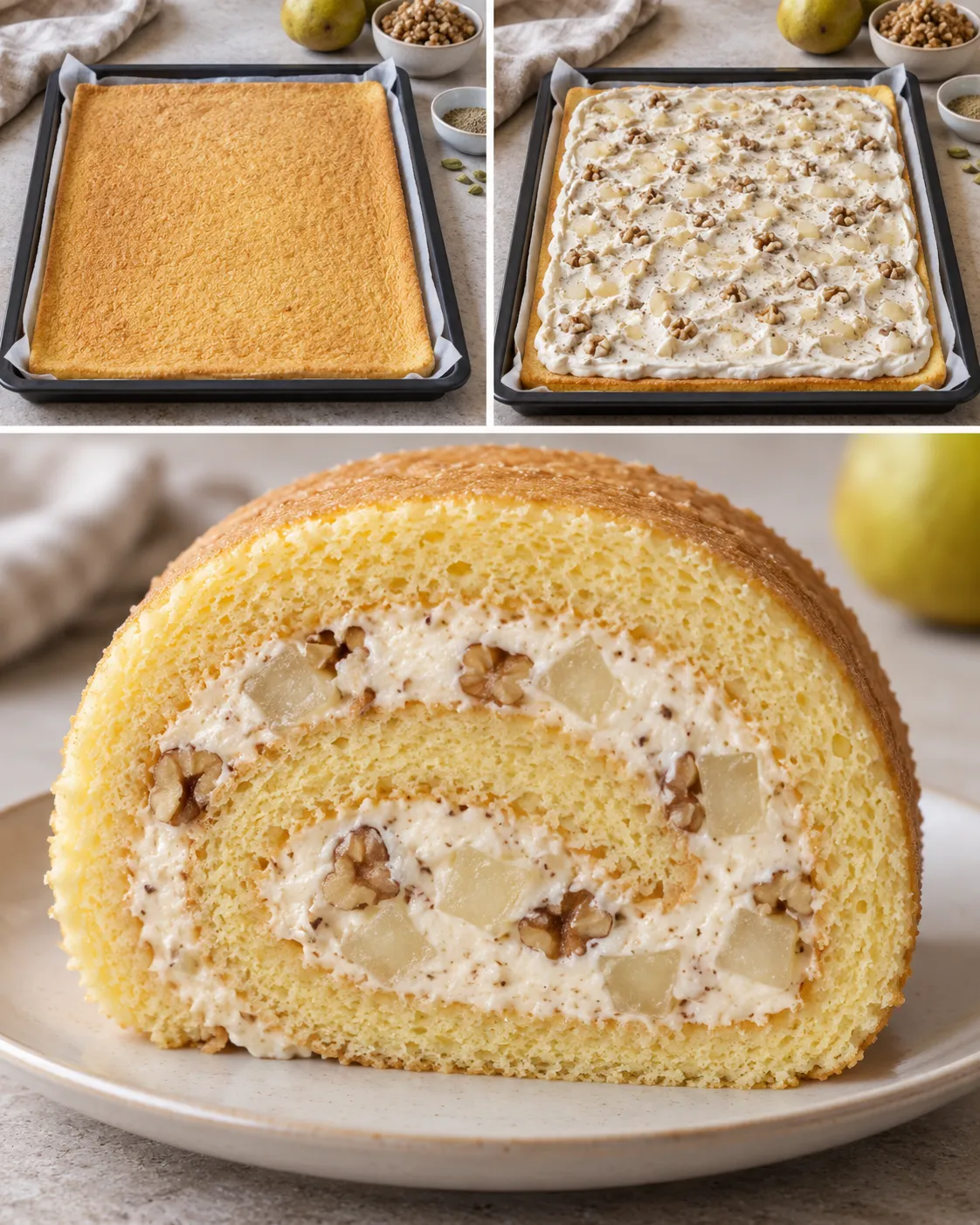 Sponge roll with cardamom and pear — walnuts