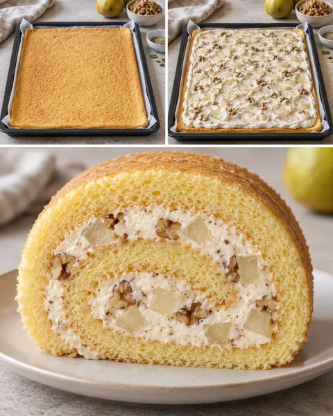 Sponge roll with cardamom and pear — walnuts
