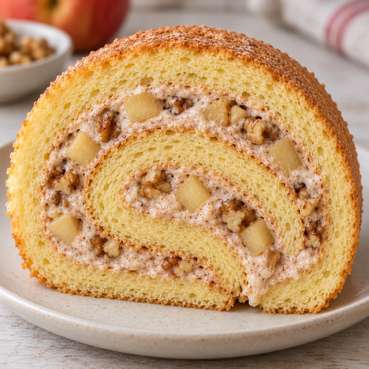 Sponge roll with cinnamon and apple — walnuts