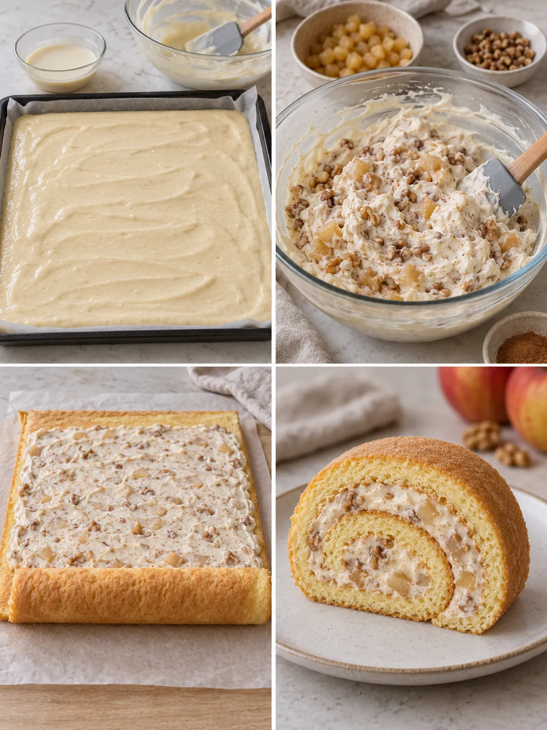 Sponge roll with cinnamon and apple — walnuts