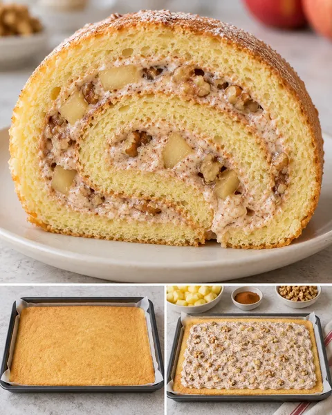 Sponge roll with cinnamon and apple — walnuts