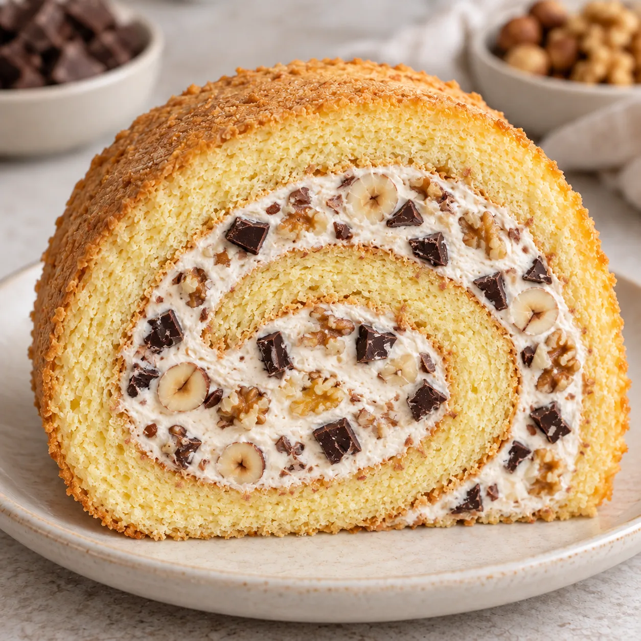 Sponge roll with chocolate and hazelnuts — walnuts
