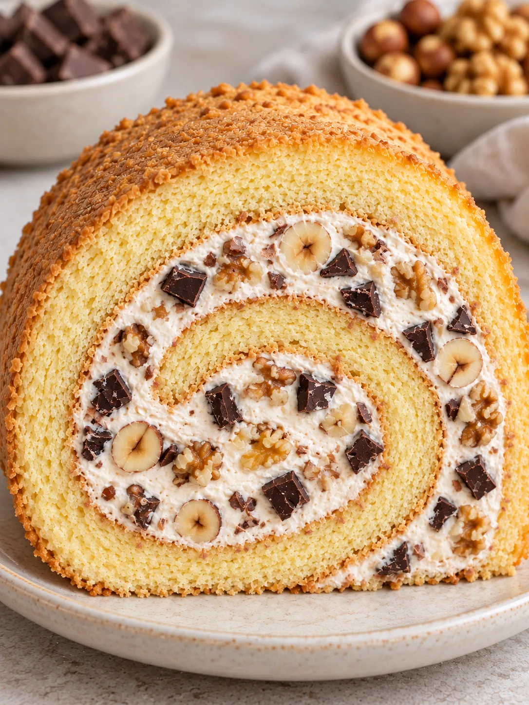 Sponge roll with chocolate and hazelnuts — walnuts