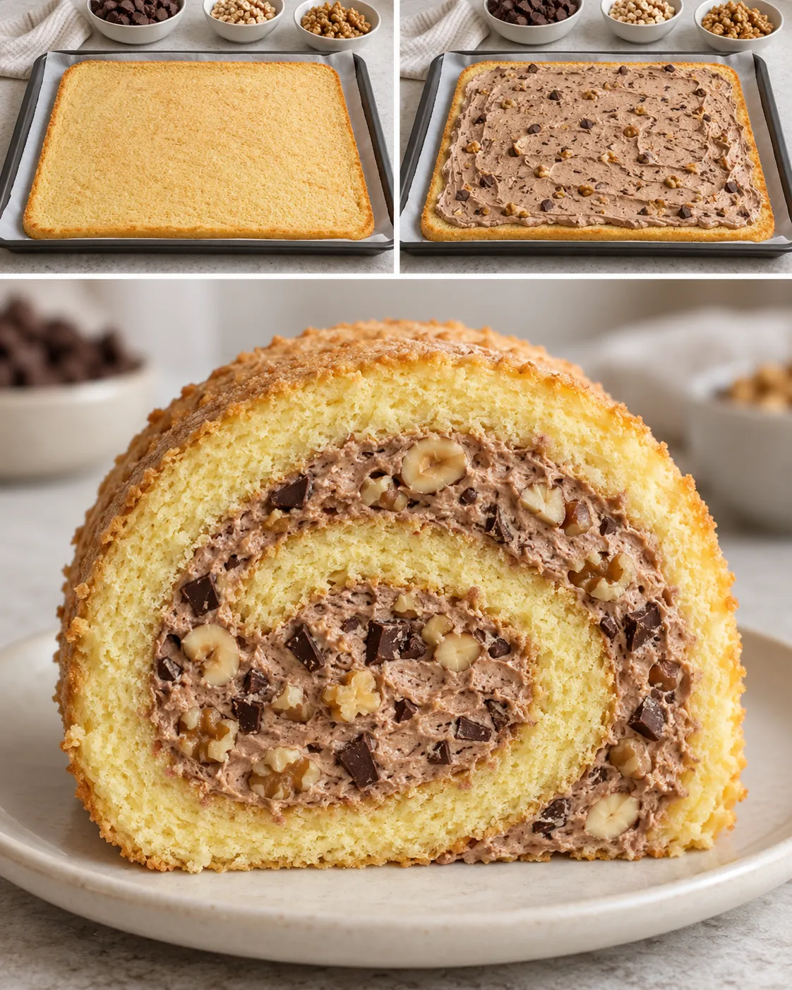 Sponge roll with chocolate and hazelnuts — walnuts