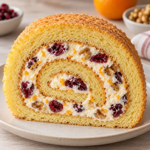 Sponge roll with cranberries and orange — walnuts