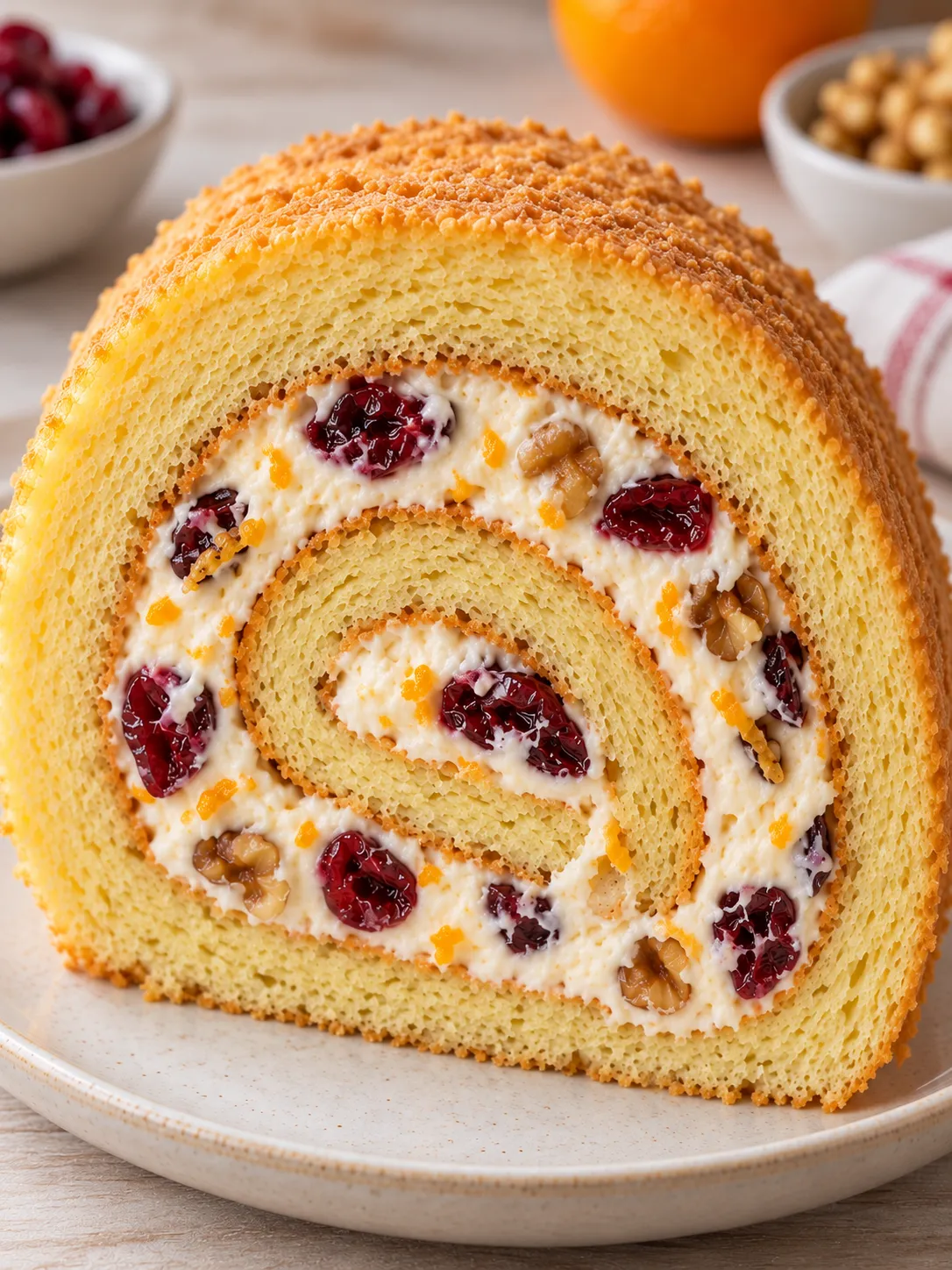 Sponge roll with cranberries and orange — walnuts