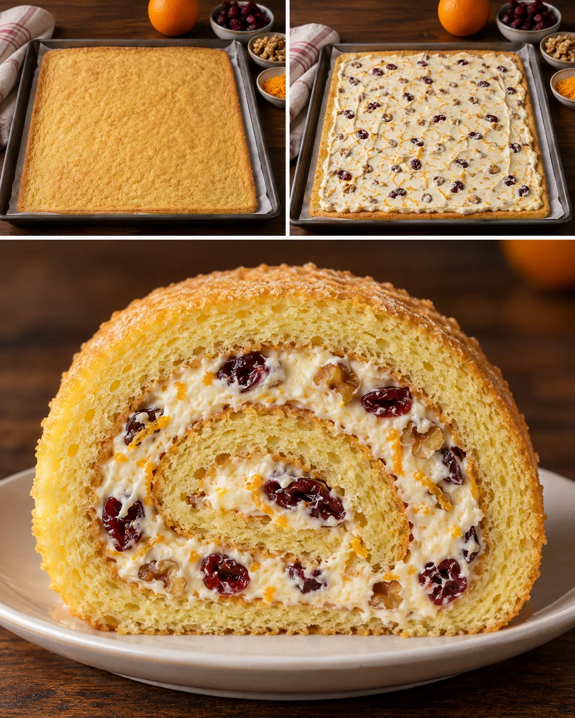 Sponge roll with cranberries and orange — walnuts