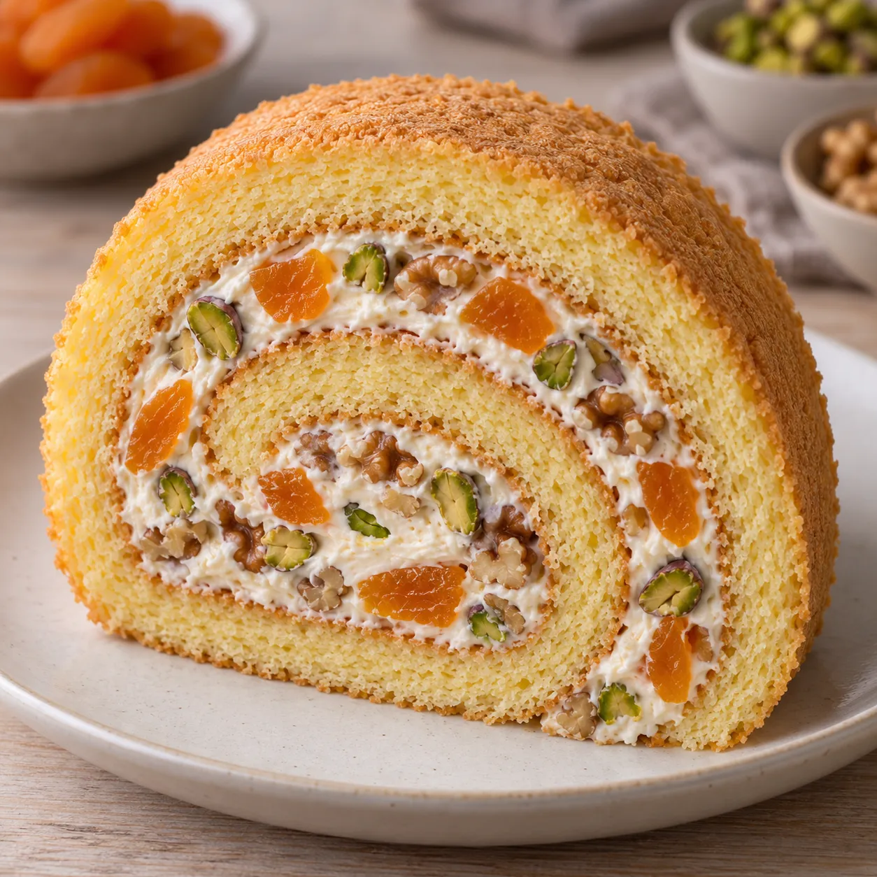 Sponge roll with apricots and pistachios — walnuts