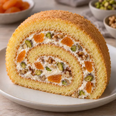 Sponge roll with apricots and pistachios — walnuts