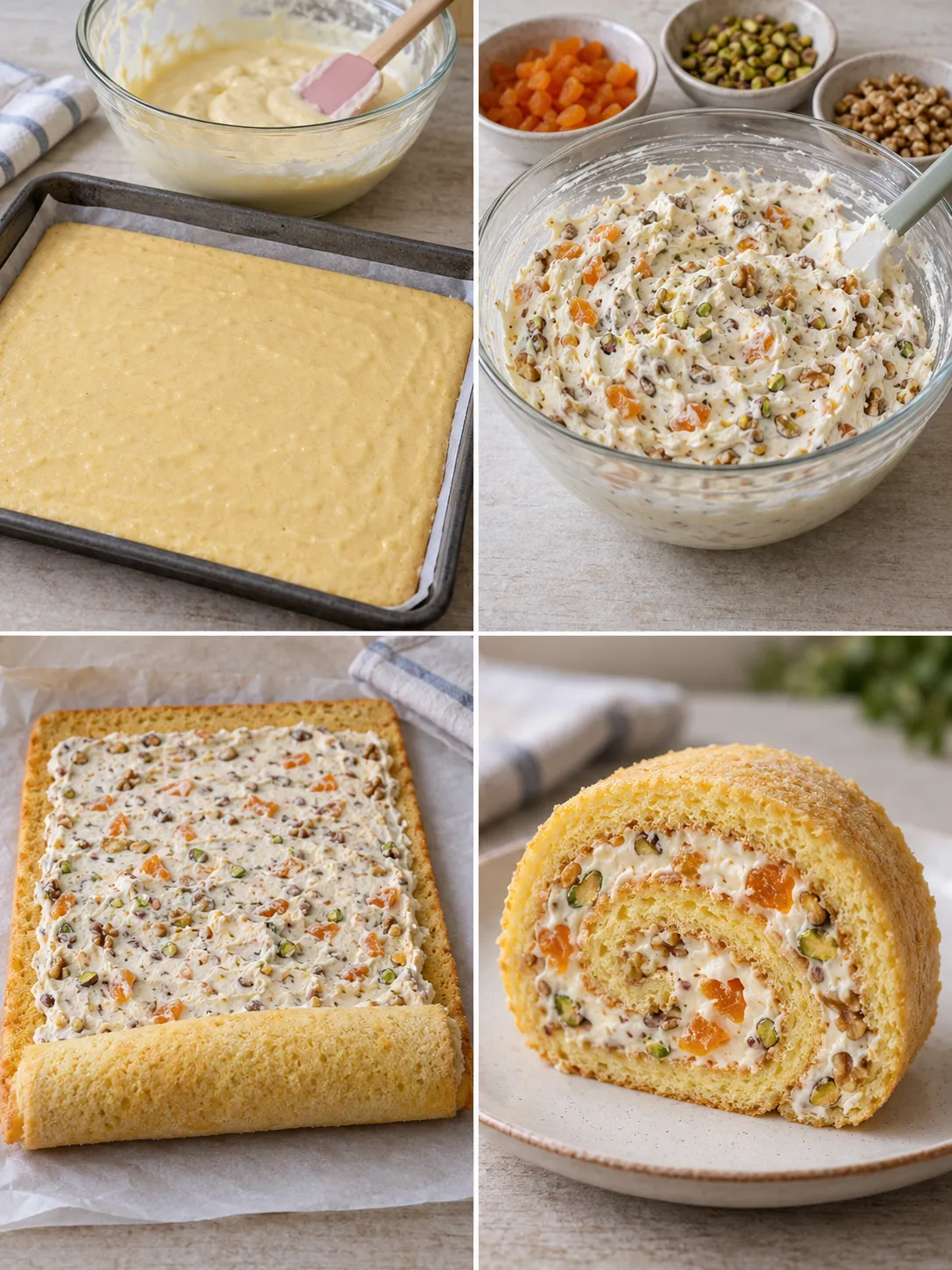 Sponge roll with apricots and pistachios — walnuts