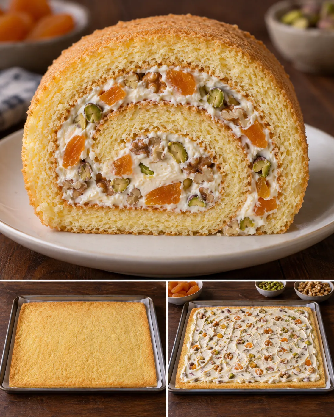 Sponge roll with apricots and pistachios — walnuts