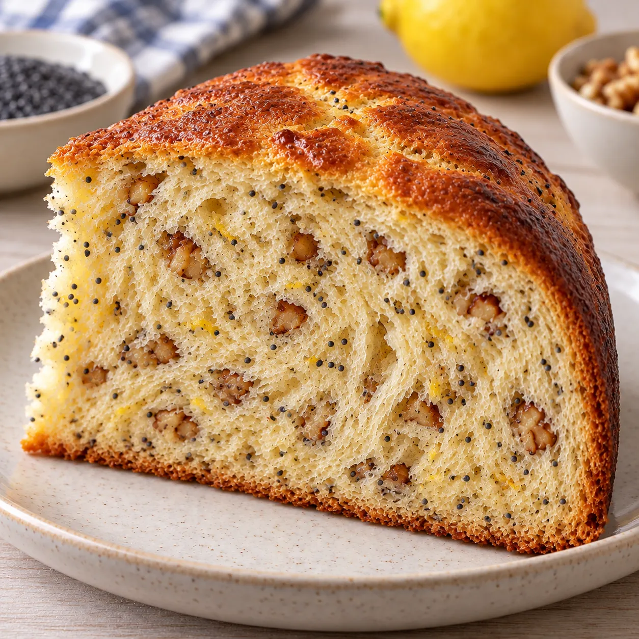Sweet yeast cake with lemon and poppy seeds — walnuts