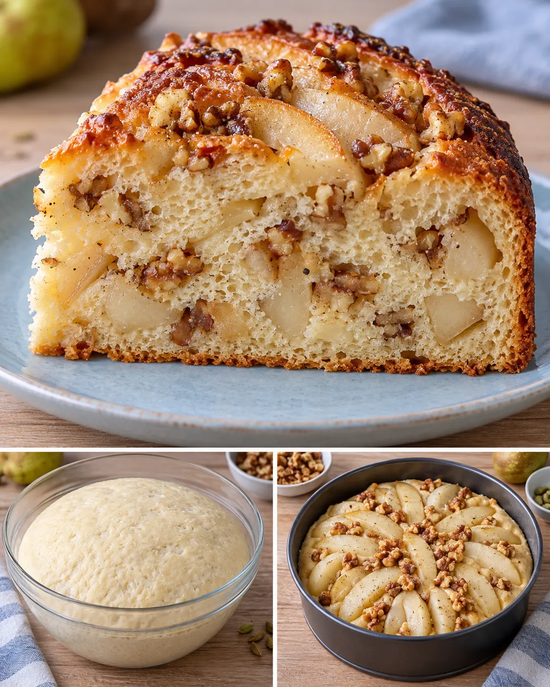Sweet yeast cake with cardamom and pear — walnuts