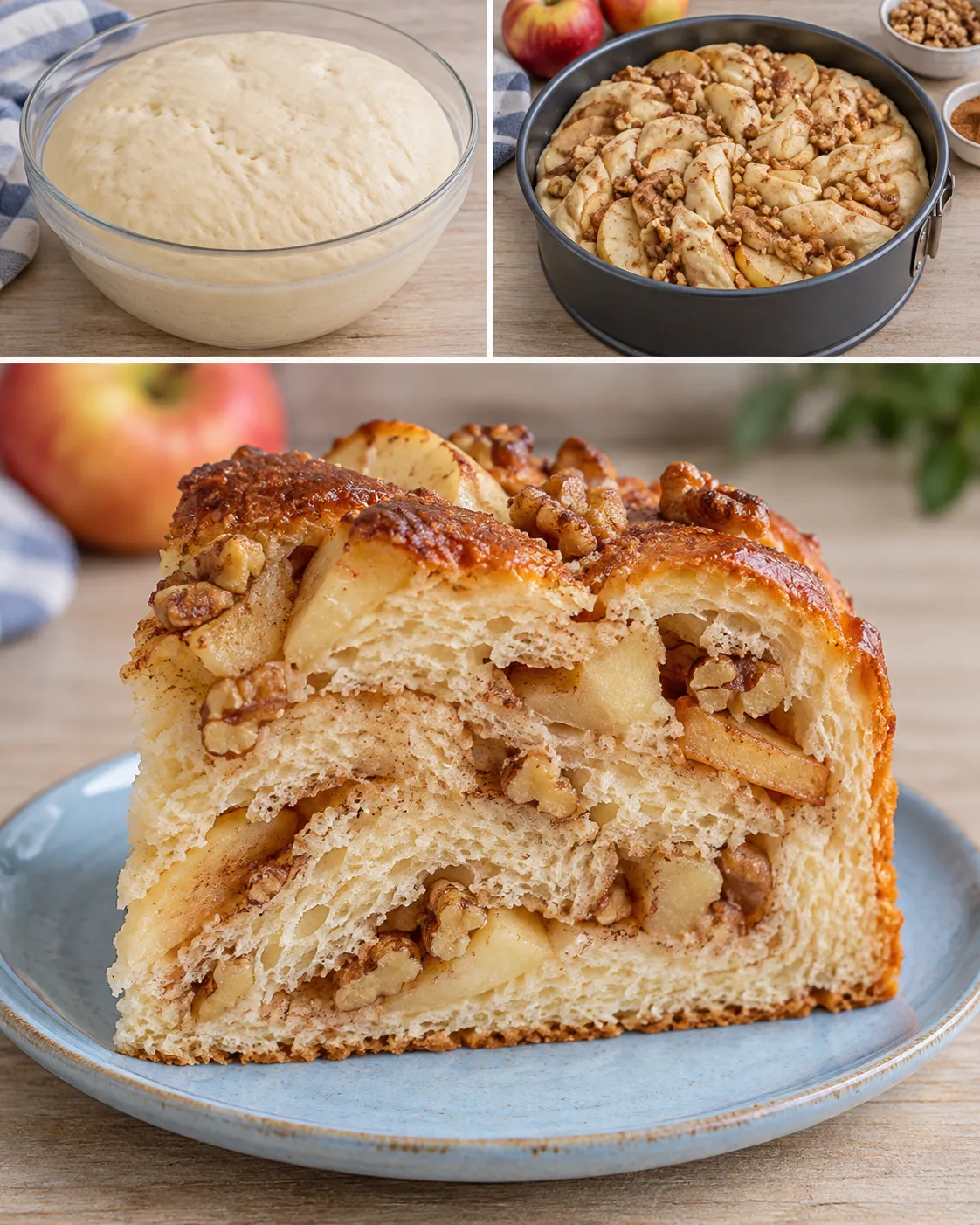 Sweet yeast cake with cinnamon and apple — walnuts