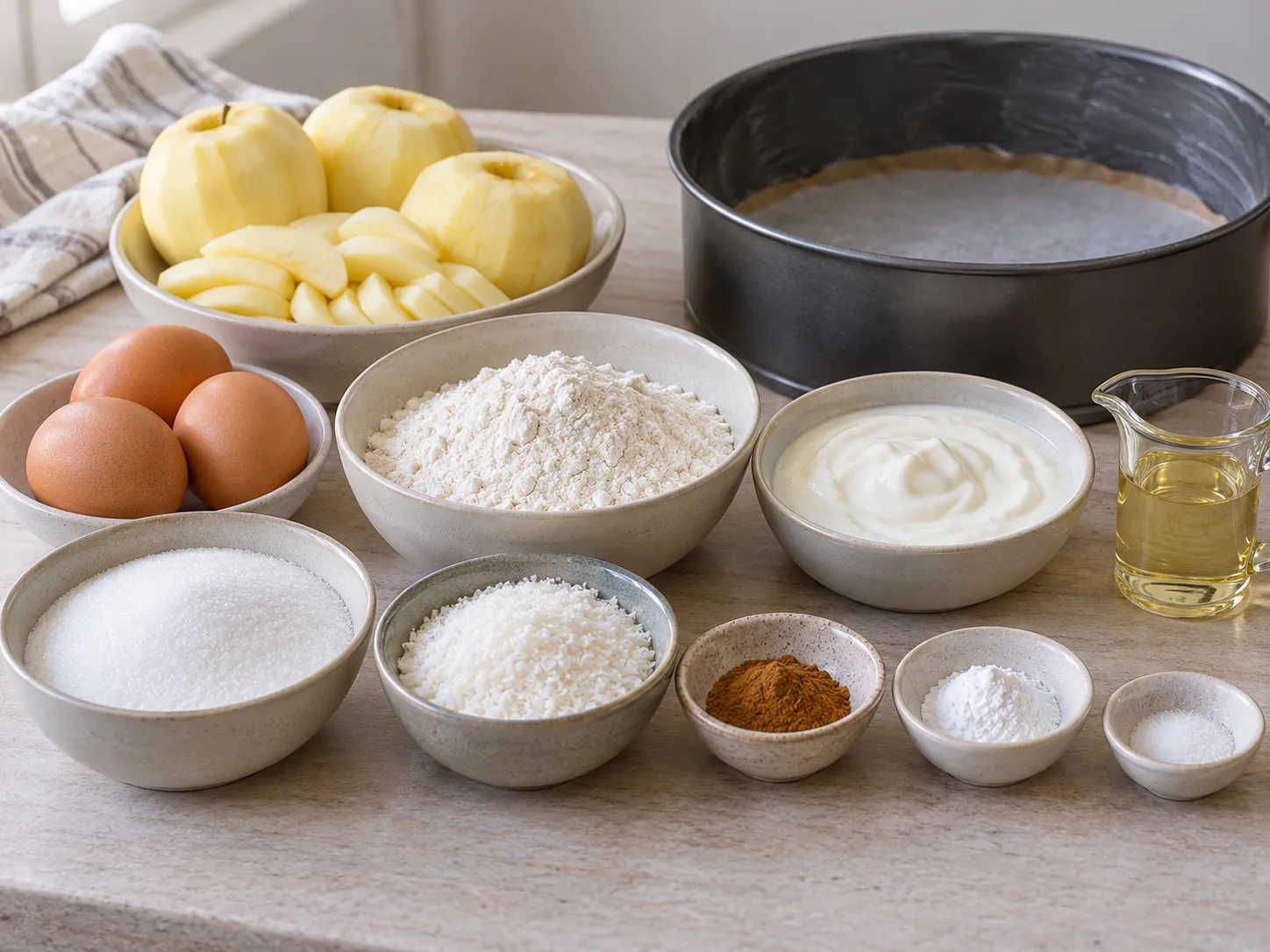 large eggs, granulated sugar, plain full-fat yogurt, neutral sunflower oil