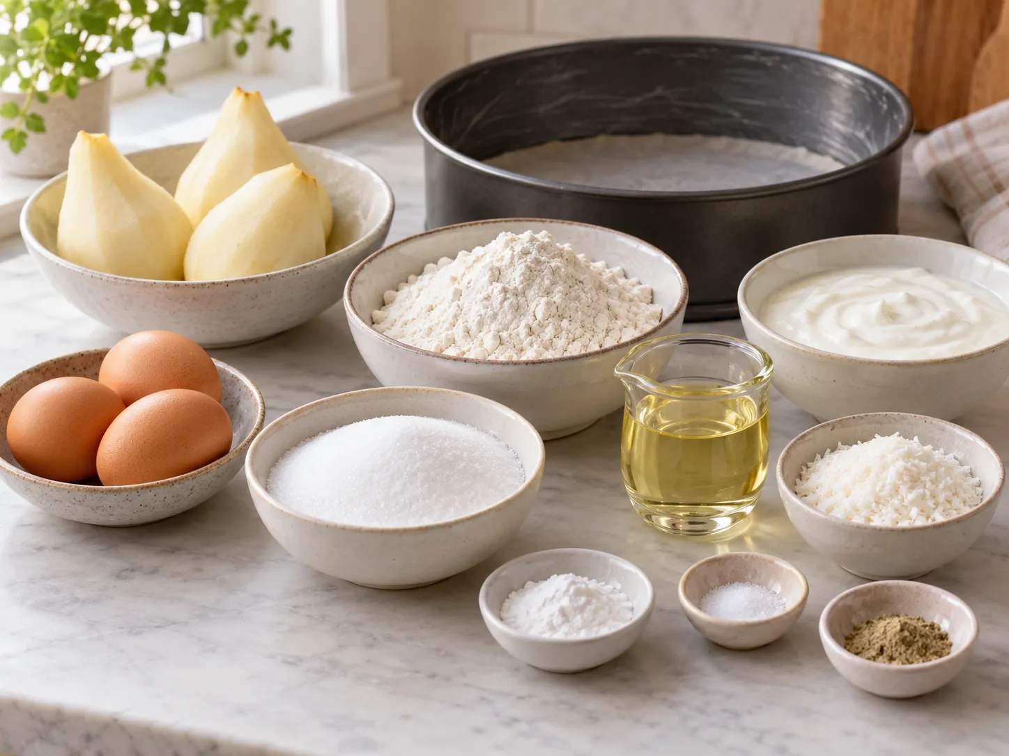 large eggs, granulated sugar, plain full-fat yogurt, neutral sunflower oil