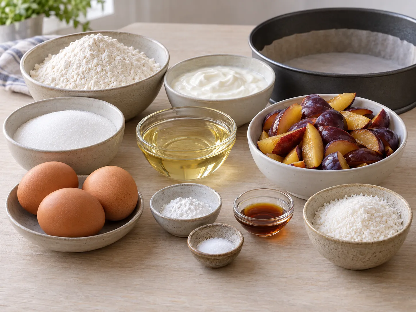 large eggs, granulated sugar, plain full-fat yogurt, neutral sunflower oil