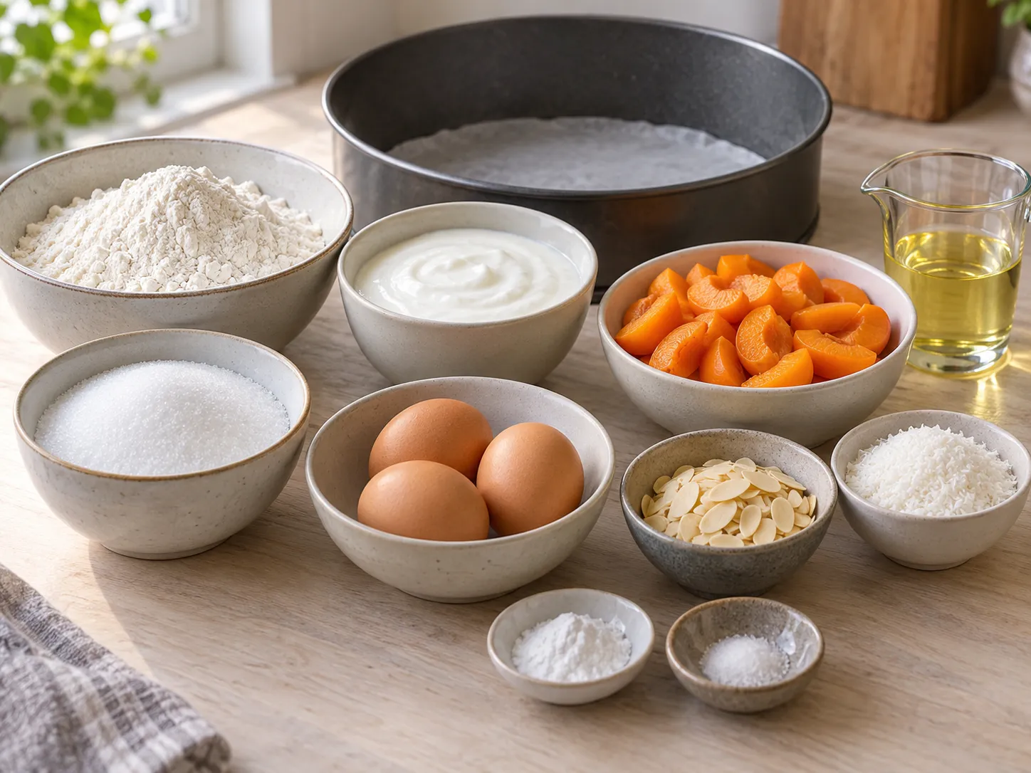 large eggs, granulated sugar, plain full-fat yogurt, neutral sunflower oil