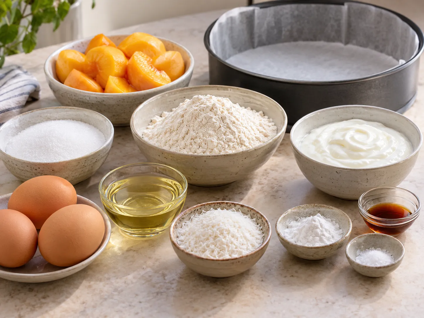 large eggs, granulated sugar, plain full-fat yogurt, neutral sunflower oil