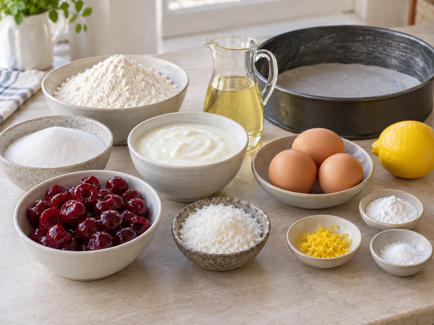 large eggs, granulated sugar, plain full-fat yogurt, neutral sunflower oil
