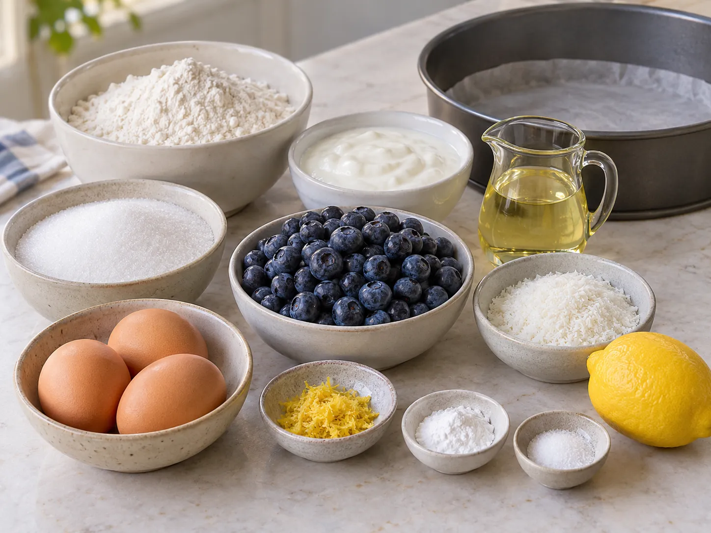 large eggs, granulated sugar, plain full-fat yogurt, neutral sunflower oil