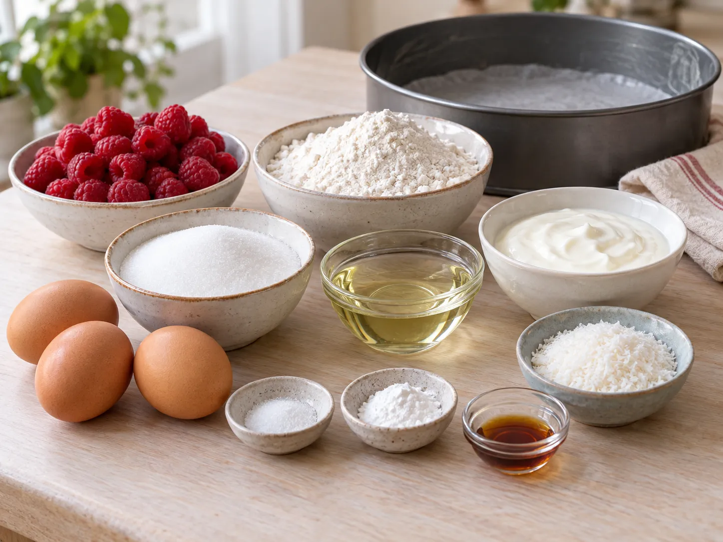 large eggs, granulated sugar, plain full-fat yogurt, neutral sunflower oil