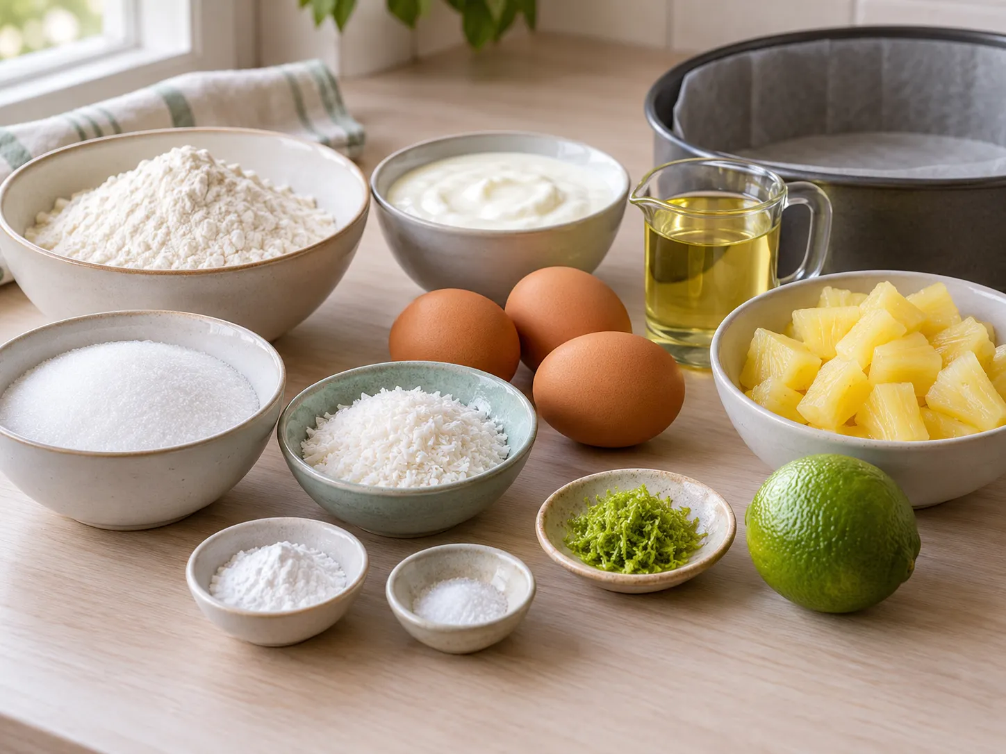 large eggs, granulated sugar, plain full-fat yogurt, neutral sunflower oil