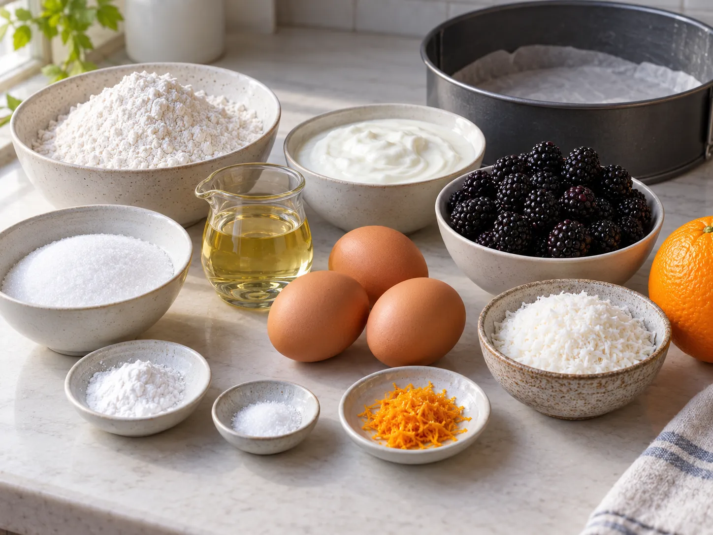 large eggs, granulated sugar, plain full-fat yogurt, neutral sunflower oil