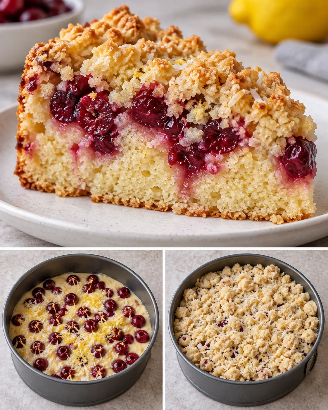 Crumble cake with cherries and lemon — coconut