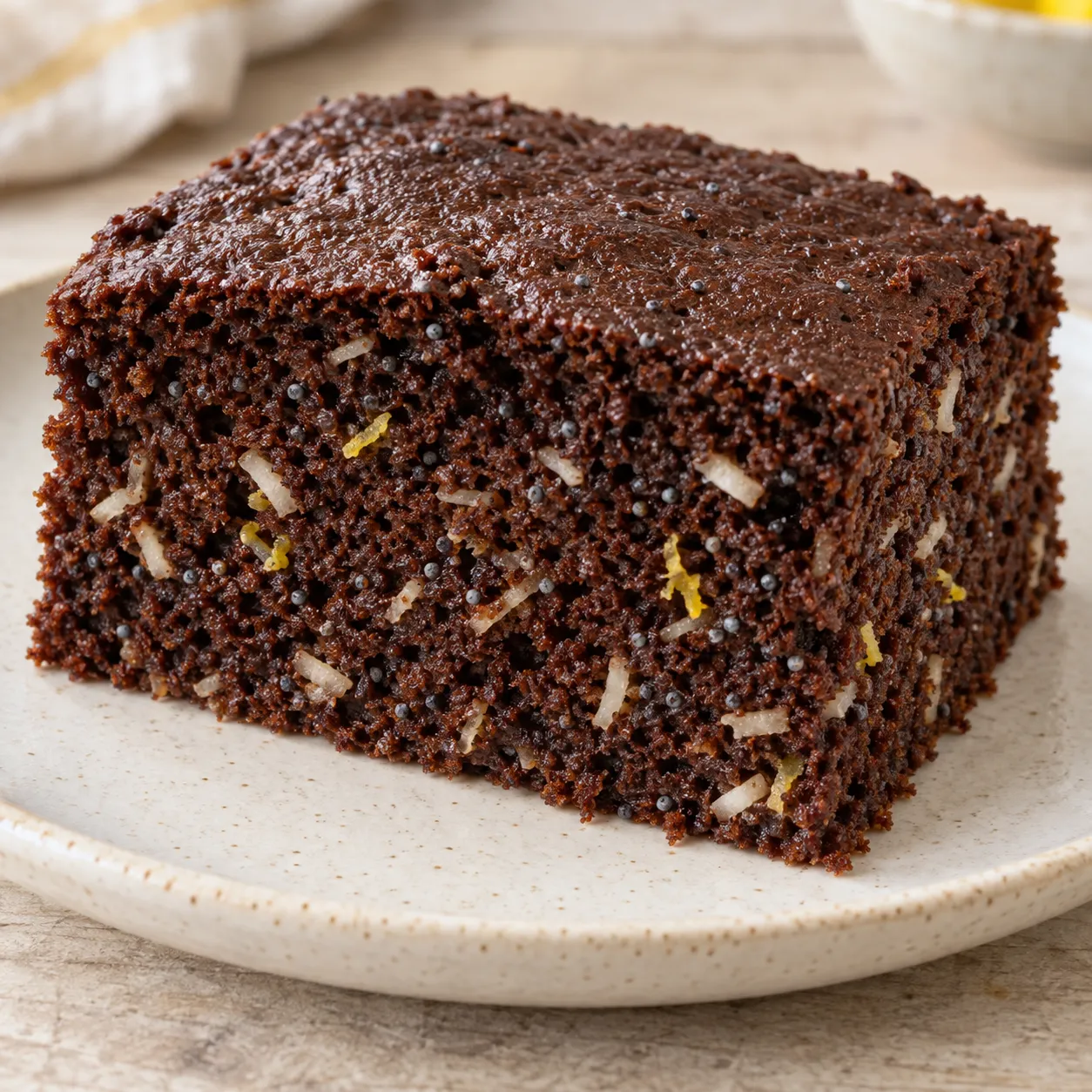 Chocolate sheet cake with lemon and poppy seeds — coconut