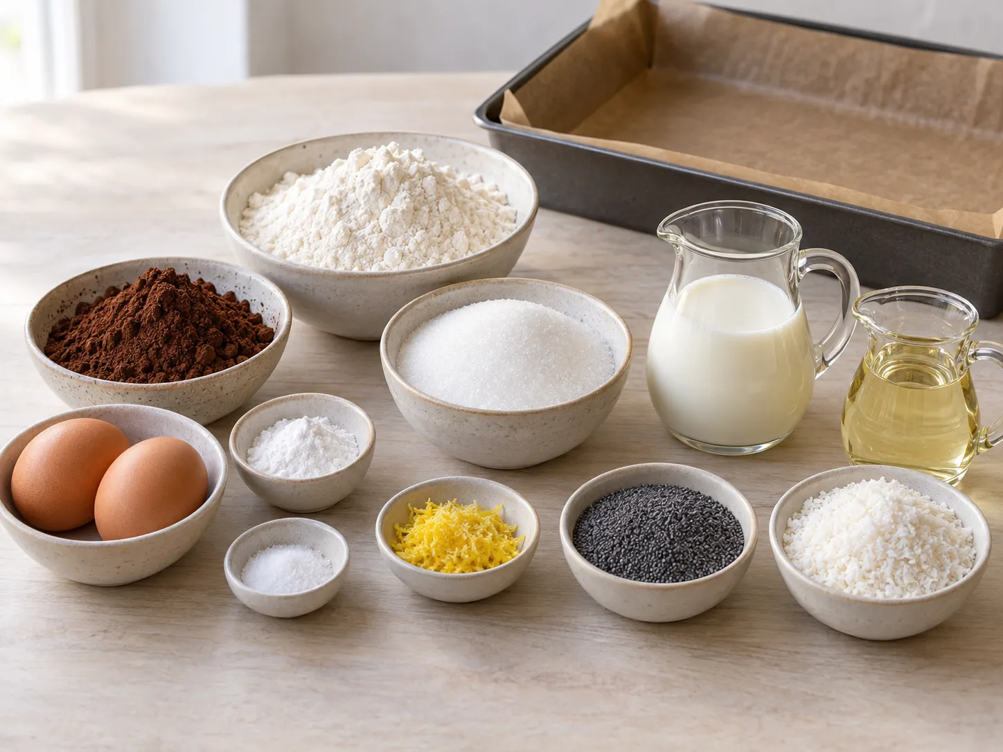 all-purpose wheat flour, unsweetened cocoa powder, granulated sugar, baking powder