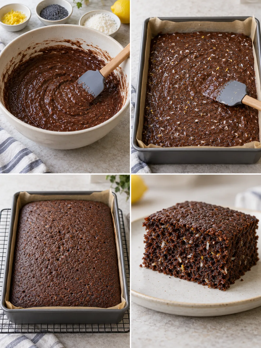 Chocolate sheet cake with lemon and poppy seeds — coconut