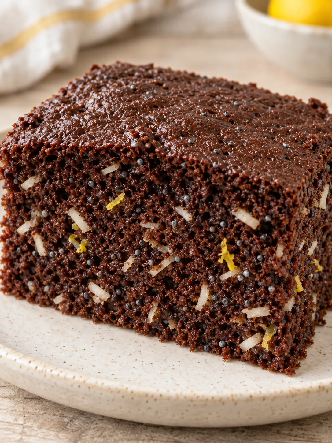 Chocolate sheet cake with lemon and poppy seeds — coconut