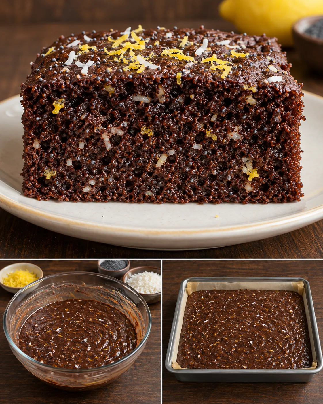 Chocolate sheet cake with lemon and poppy seeds — coconut