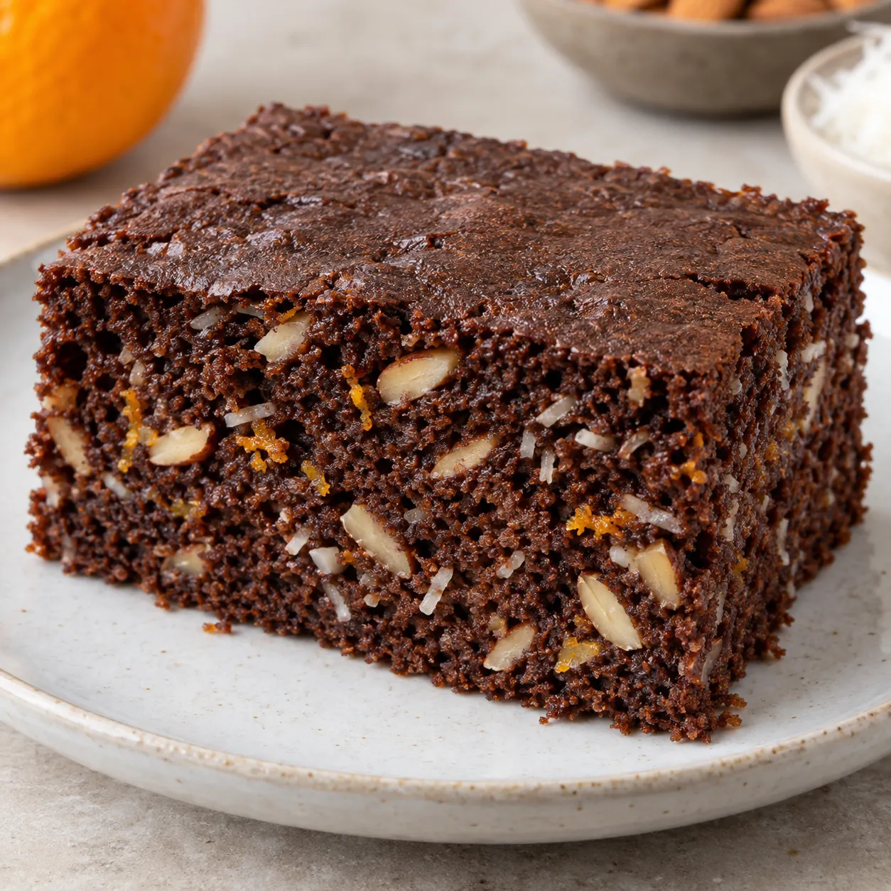 Chocolate sheet cake with orange and almonds — coconut